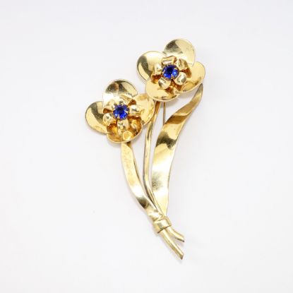 Picture of Vintage Gilt Sterling Silver Hector Aguilar for Coro Flower Brooch with Blue Rhinestone Accents