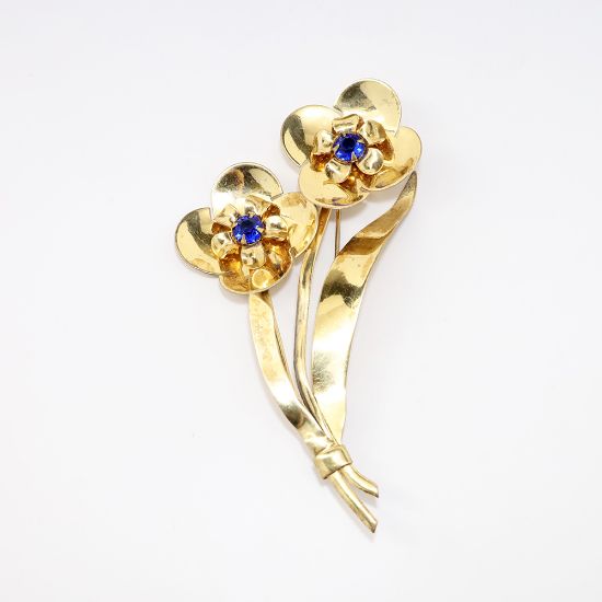 Picture of Vintage Gilt Sterling Silver Hector Aguilar for Coro Flower Brooch with Blue Rhinestone Accents