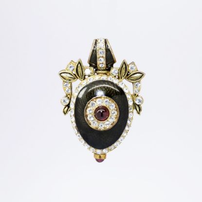 Picture of Gilt Sterling Silver, Black Guilloche Enamel & Garnet Egg Shaped Evil Eye Pendant with CZ Accents