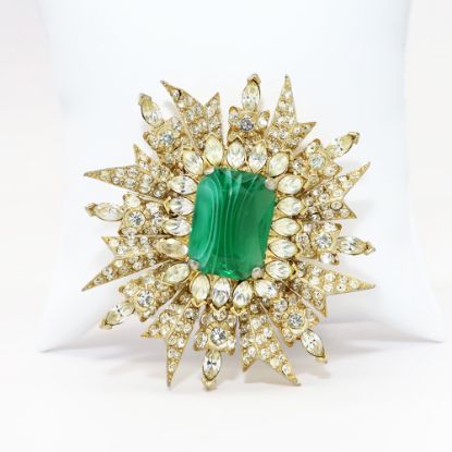 Picture of Vintage Les Bernard Clear Rhinestone & Poured/Gripoix Glass Emerald Brooch