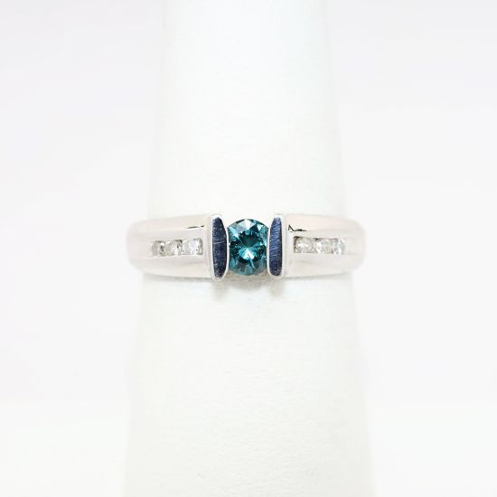 Picture of 14k White Gold & Bar Set Blue Diamond Solitaire Ring