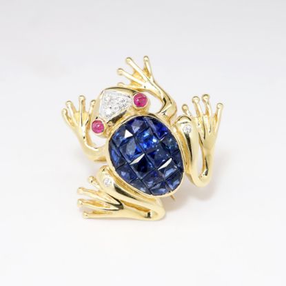 Picture of 14k Yellow Gold, Sapphire, Diamond & Ruby Frog Brooch