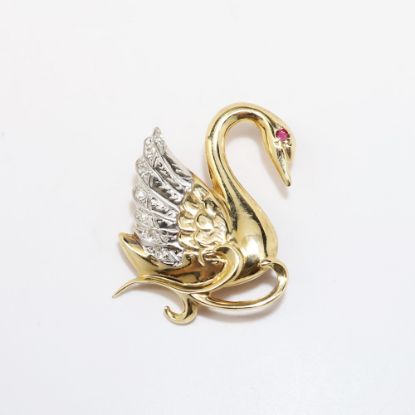Picture of 14k Two-Tone Gold, Diamond & Ruby Swan Brooch