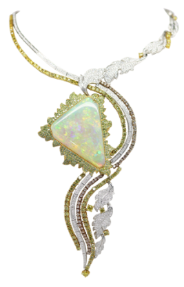 Picture of 18k Yellow Gold, Crystal Opal Freeform Cabochon & Diamond Necklace