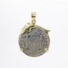 Picture of 2 Reales Silver Treasure Coin Pendant Dated 1783 in 14k Yellow Gold Bezel with Dolphin