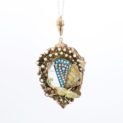 Picture of Antique Victorian 9k Tri-Colored Gold, Pearl & Turquoise Locket with Articulated Butterfly