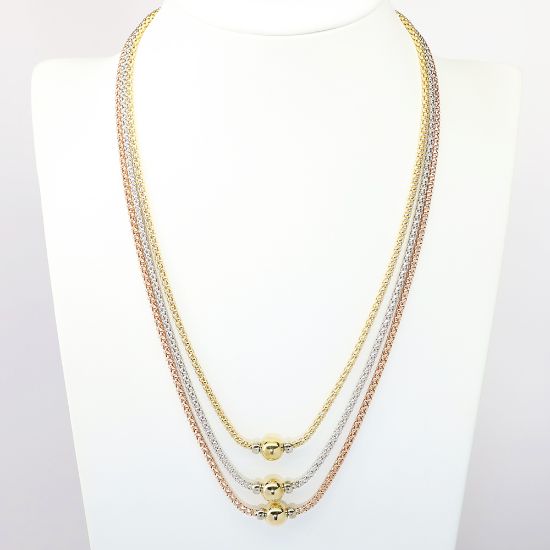 Picture of Tri-Colored 18k Gold Triple Strand Necklace with Gold Bead Accents