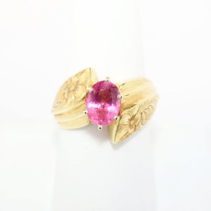 Picture of Vintage Etched 14k Yellow Gold & Oval Cut Pink Tourmaline Oval Ring