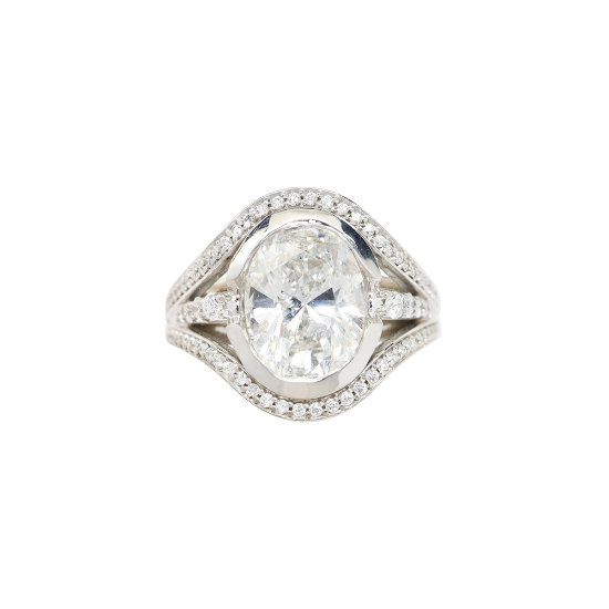 Picture of 18k White Gold & 3.00ct Oval Brilliant Cut Diamond Solitaire Engagement Ring with Diamond Cluster Accents