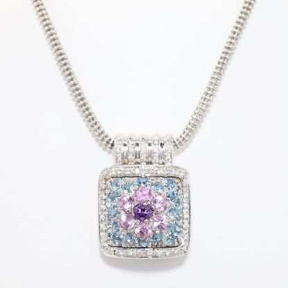 Picture of 18k White Gold, Diamond, Blue Topaz, Amethyst & Morganite Statement Pendant Necklace