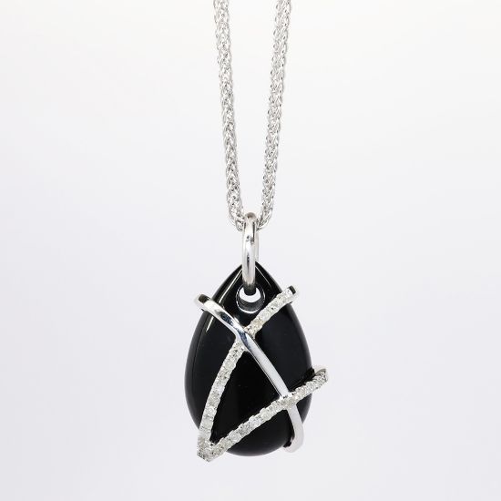 Picture of 14k White Gold Necklace with White Gold & Diamond Wrapped Black Onyx Teardrop Pendant