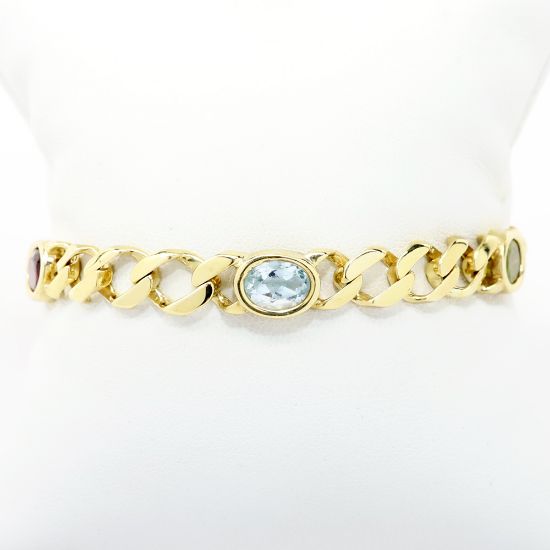 Picture of 14k Yellow Gold Curb Chain Bracelet with Garnet, Blue Topaz, Peridot & Amethyst Stations