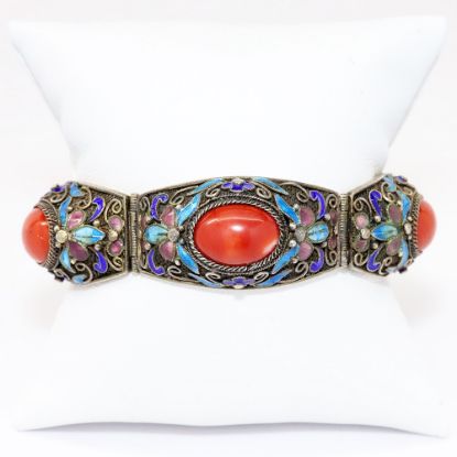 Picture of Vintage Gilt Chinese Export Silver, Cloisonné Enamel & Coral Cabochon Bracelet