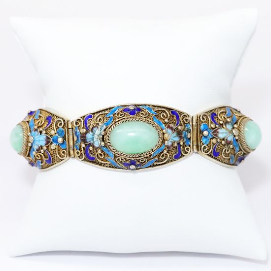 Picture of Vintage Chinese Export Gilt Silver Filigree, Cloisonné Enamel & Jade Cabochon Bracelet