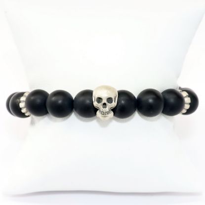 Picture of AXION Matte Black Onyx & Sterling Silver Beaded Bracelet with Skull