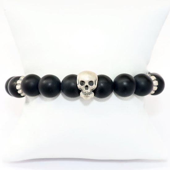 Picture of AXION Matte Black Onyx & Sterling Silver Beaded Bracelet with Skull