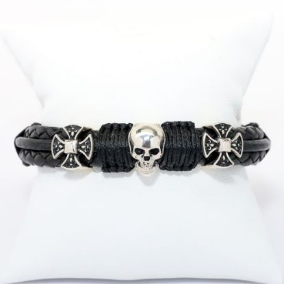 Picture of AXION Black Leather Men's Bracelet with Sterling Silver Skull & Maltese Cross Beads