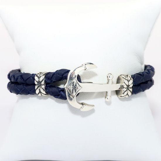 Picture of AXION Men's Navy Blue Braided Leather Bracelet with Sterling Silver Anchor Shaped Clasp 