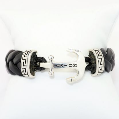 Picture of AXION Black Braided Leather Men's Bracelet with Sterling Greek Key Accents & Anchor Clasp