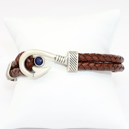 Picture of AXION Men's Brown Braided Leather Bracelet with Sterling Silver & Lapis Fish Hook Clasp