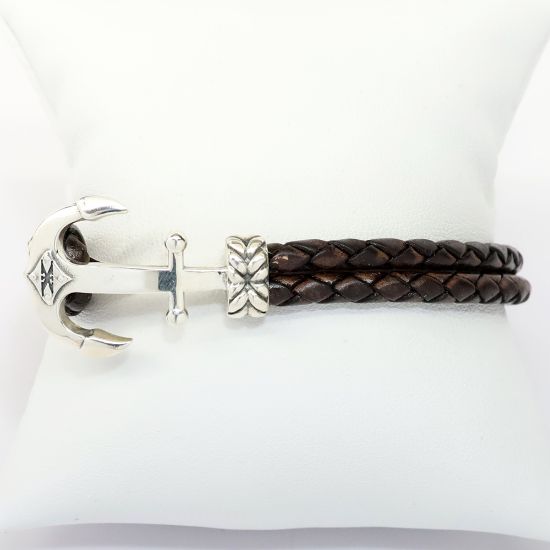 Picture of Axion Men's Dark Brown Braided Leather Bracelet with Sterling Silver Anchor Clasp