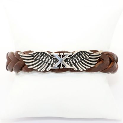 Picture of AXION Men's Braided Brown Leather Bracelet with Sterling Silver Wings Detail