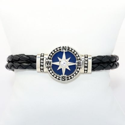 Picture of AXION Men's Black Braided Leather Bracelet with Sterling Silver, Blue Faced Compass