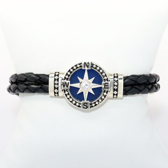 Picture of AXION Men's Black Braided Leather Bracelet with Sterling Silver, Blue Faced Compass