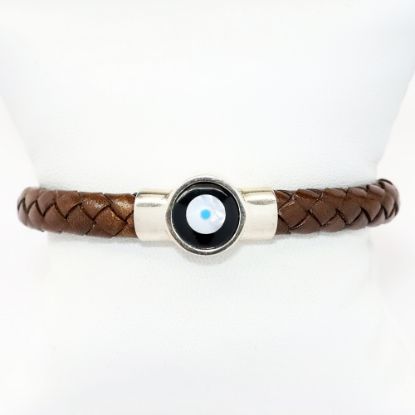 Picture of AXION Men's Brown Braided Leather, Sterling Silver, Black Onyx & Mother of Pearl Evil Eye Bracelet