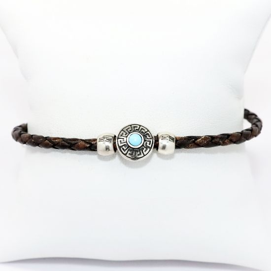 Picture of AXION Men's Thin Braided Brown Leather Bracelet with Sterling Silver & Turquoise Greek Key Bead