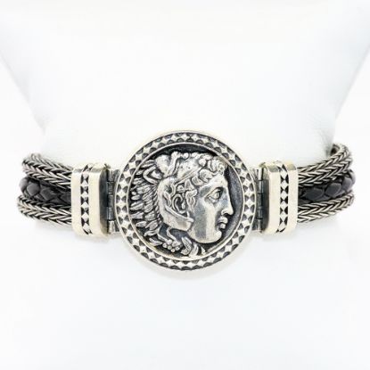 Picture of AXION Men's Braided Sterling Silver & Black Leather Bracelet with Replica Alexander the Great Coin