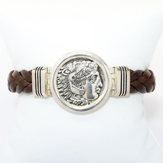 Picture of AXION Men's Braided Brown Leather Bracelet with Sterling Silver Alexander the Great Replica Coin