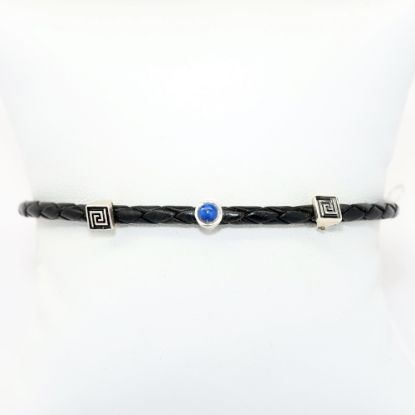 Picture of AXION Men's Thin Woven Black Leather Bracelet with Three Sterling Silver & Lapis Stations 