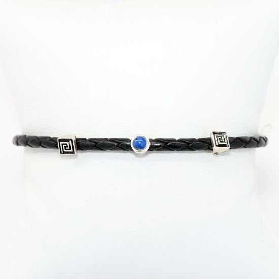 Picture of AXION Men's Thin Woven Black Leather Bracelet with Three Sterling Silver & Lapis Stations 