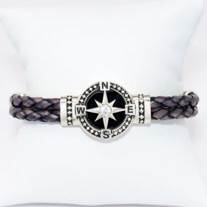 Picture of AXION Men's Woven Faded Blue Leather Bracelet with Sterling Silver Black Faced Compass