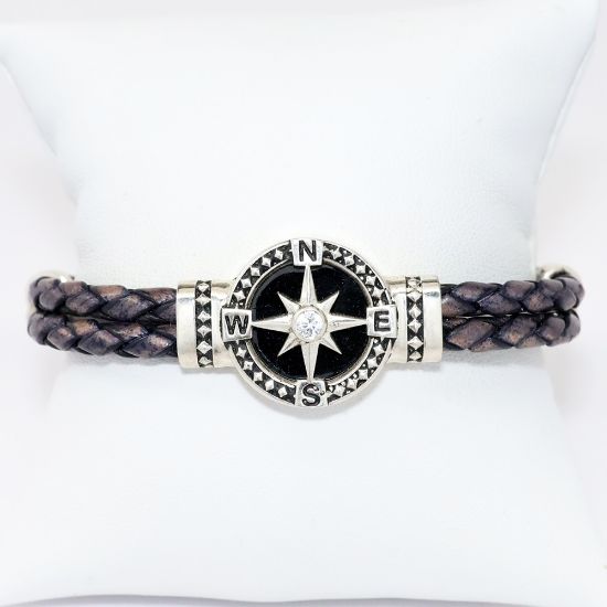 Picture of AXION Men's Woven Faded Blue Leather Bracelet with Sterling Silver Black Faced Compass