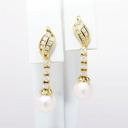 Picture of 14k Yellow Gold, Diamond and Pearl Dangle Earrings 