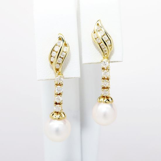 Picture of 14k Yellow Gold, Diamond and Pearl Dangle Earrings 