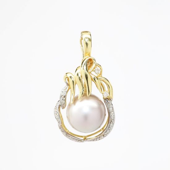 Picture of 14k Yellow Gold Pearl Necklace Enhancer Pendant with Solitary Pearl & Diamond Accents