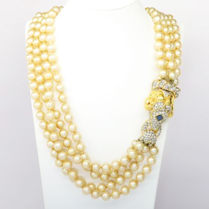 Picture of Vintage Signed KJL (Kenneth Jay Lane) Quadruple Strand Faux Pearl Necklace with Pave Set Rhinestone Ram's Head Clasp