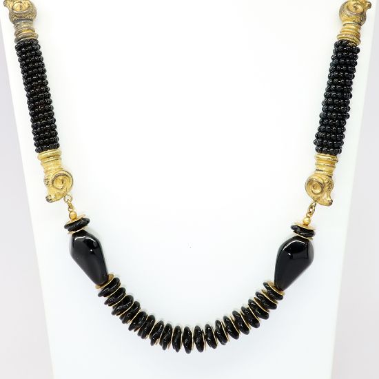 Picture of Vintage Signed Miriam Haskell Black Onyx Bead & Brass Ram's Head Etruscan Revival Necklace