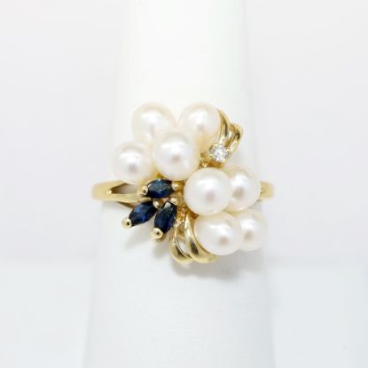 Picture of 14k Yellow Gold, White Pearl, Diamond, and Sapphire Cluster Ring