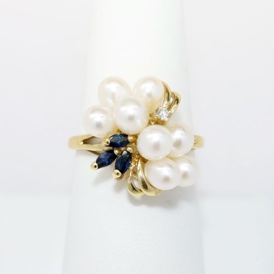 Picture of 14k Yellow Gold, White Pearl, Diamond, and Sapphire Cluster Ring