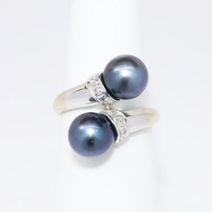 Picture of 14k White Gold & Double Black Pearl Bypass Ring with Diamond Accents