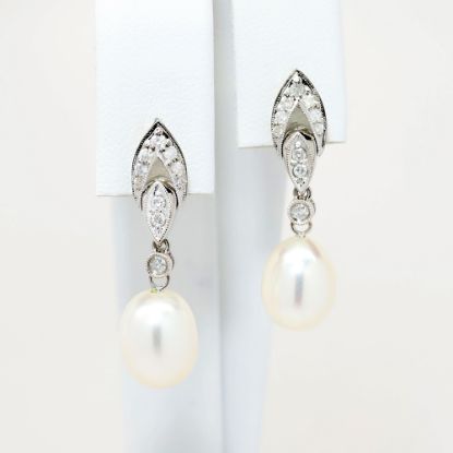 Picture of Vintage Inspired 14k White Gold & Diamond Earrings with Pearl Drops