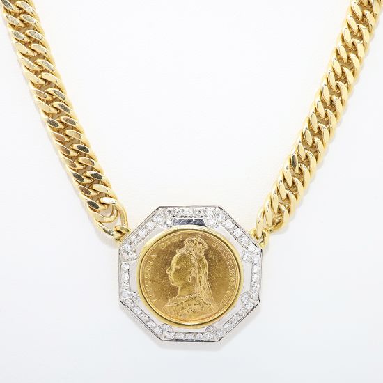 Picture of 1889 Sovereign Coin Pendant Necklace with 18k Yellow Gold and Diamond Bezel