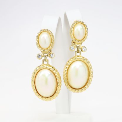 Picture of Vintage 1980's Christian Dior Large Faux Pearl & Rhinestone Clip-On Drop Earrings
