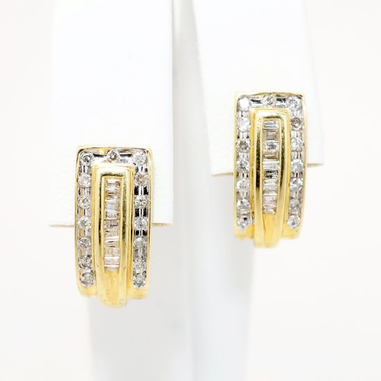 Picture of 14k Yellow Gold & Baguette Cut Diamond Open Hoop Earrings