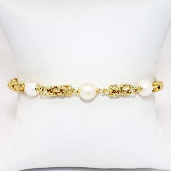 Picture of 14k Yellow Gold & Triple Pearl Byzantine Chain Bracelet