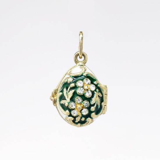 Picture of Vintage Russian Gilt Sterling Silver, Green & White Enamel & Rhinestone Egg Charm/Locket